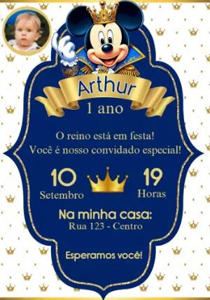 Convite Aniversário Mickey Realeza com Foto para Editar Online