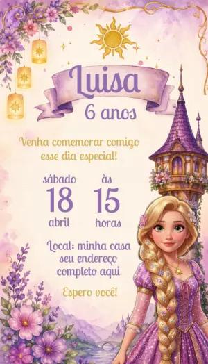Convite Digital Rapunzel: Modelo Editável para Aniversário