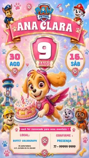 Convite Patrulha Canina Rosa para Menina Editável