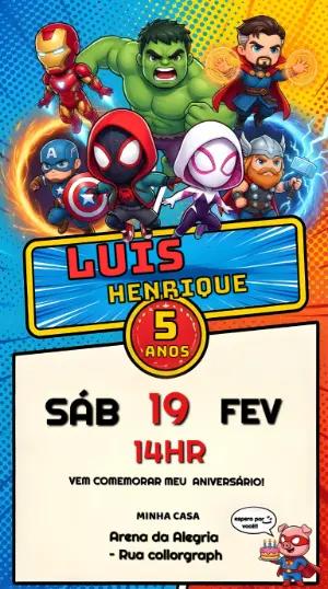 Convite de Aniversário Super-Heróis Infantil para Editar Online