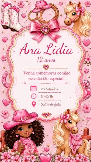 Convite de Aniversário Boiadeirinha Country para Editar