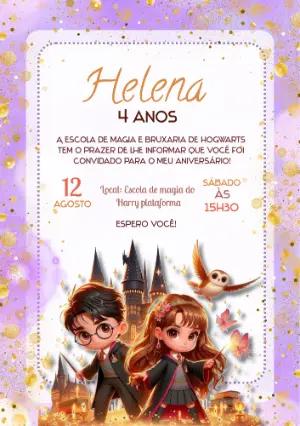 Convite de Aniversário Harry Potter Fofo Lilás para Editar