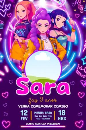Convite de Aniversário Guerreiras do K-pop com Foto para Editar