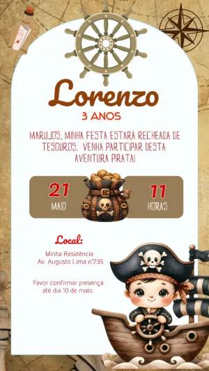Convite de Aniversário Pirata Infantil para Editar Online