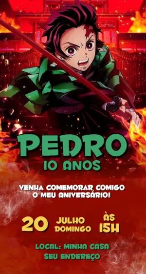 Convite de Aniversário Demon Slayer Editável com Tema de Anime