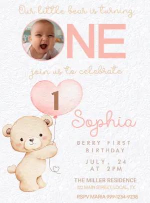 Editable Bear First Birthday Invitation with Photo Template