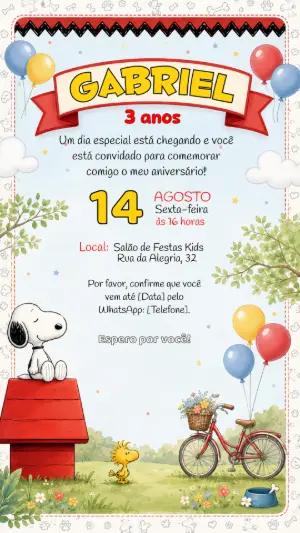Convite de Aniversário Snoopy e Turma Modelo Editável