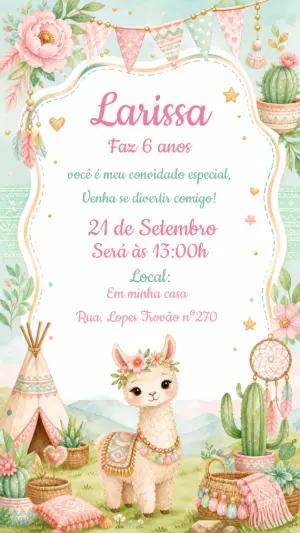 Convite de Aniversário Lhama Boho Editável para Menina