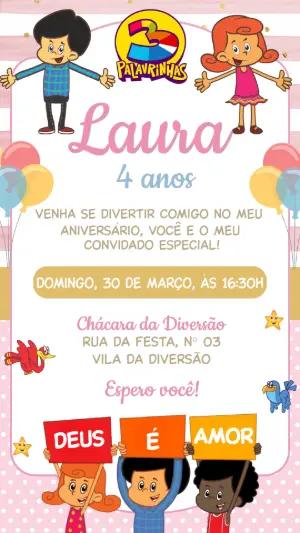 Convite de Aniversário 3 Palavrinhas Menina para Editar