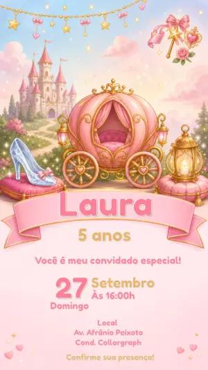 Convite de Aniversário Cinderela Editável para Menina