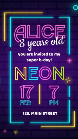 Convite de Aniversário Neon Editável com Cores Vibrantes