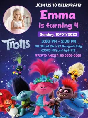 Editable Trolls Birthday Invitation with Photo Template