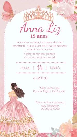 Convite de 15 Anos Princesa Rosa e Dourado para Editar