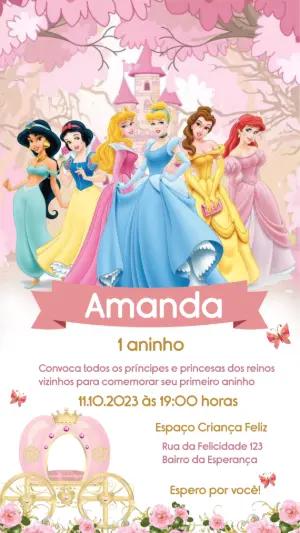 Convite Animado Aniversário Princesas Disney para Editar Online