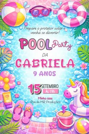 Convite de Aniversário Pool Party Infantil Colorido para Editar