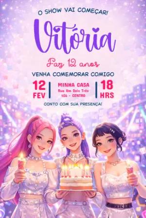 Convite de Aniversário Guerreiras do Kpop e Rosa Editável