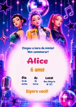 Convite de Aniversário Guerreiras K-pop Editável para Festa