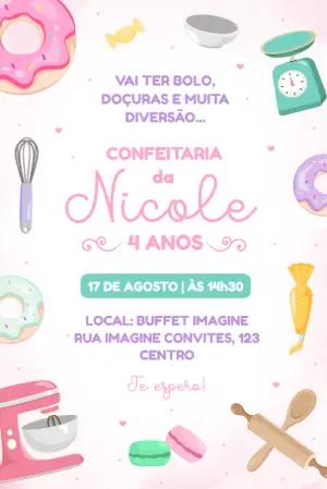 Convite de Aniversário Infantil Tema Confeitaria Editável
