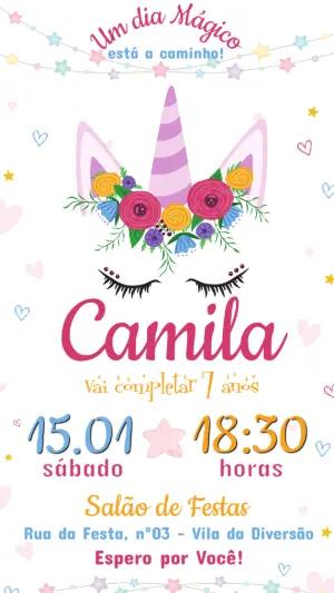 Convite de Aniversário Unicórnio Mágico Floral para Editar