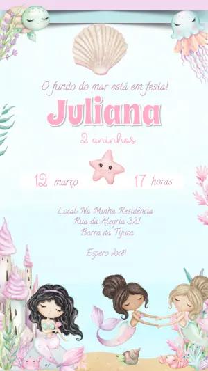 Convite Digital Aniversário Sereia Aquarela Editável