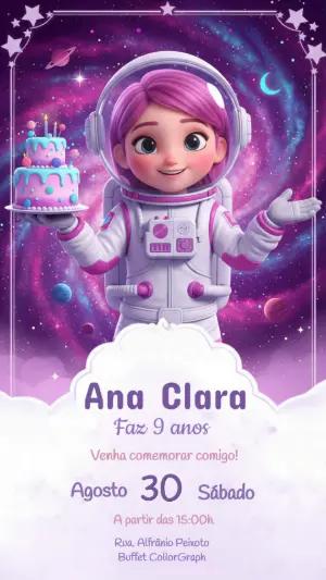 Convite Digital Festa no Espaço Menina Astronauta Editável