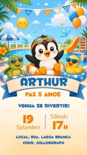 Convite de Aniversário Pinguim na Piscina para Editar
