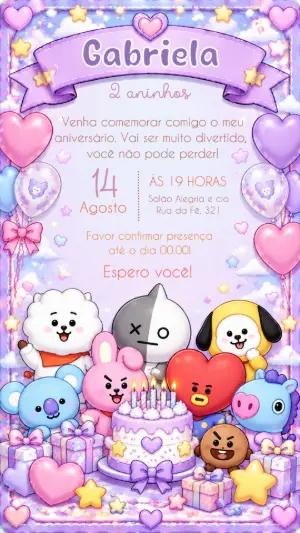 Convite de Aniversário BT21 Rosa e Roxo para Editar