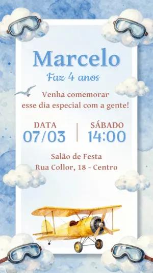 Convite de Aniversário Aviador Aquarela para Editar