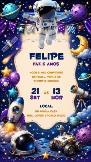 Convite de Aniversário Astronauta Infantil para Editar Online