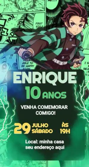 Convite de Aniversário Demon Slayer Editável para Enviar