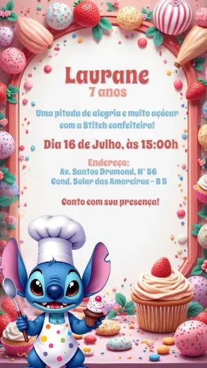 Convite Aniversário Stitch Confeiteiro para Editar Online