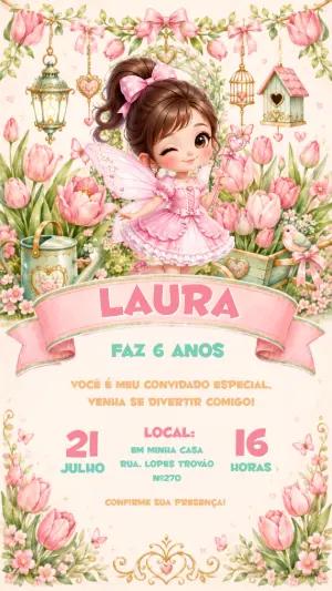 Convite Digital Aniversário Fada Rosa e Tulipas para Editar