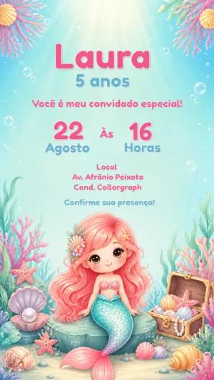 Convite de Aniversário Sereia | Modelo Editável Online