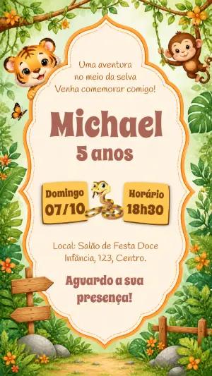 Convite Aniversário Safari com Tigre e Macaco Fofos Editável
