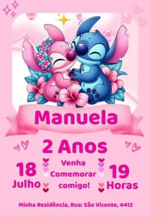 Convite Aniversário Stitch e Angel Rosa para Editar Online