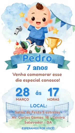 Convite Digital Infantil Tema Futebol Aquarela Editável