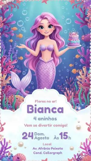 Convite de Aniversário Sereia Fundo do Mar Editável
