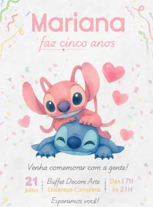 Convite de Aniversário Stitch e Angel Aquarela para Editar