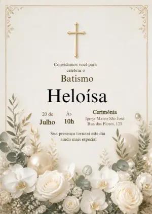 Convite de Batismo Elegante com Flores Brancas Modelo Editável