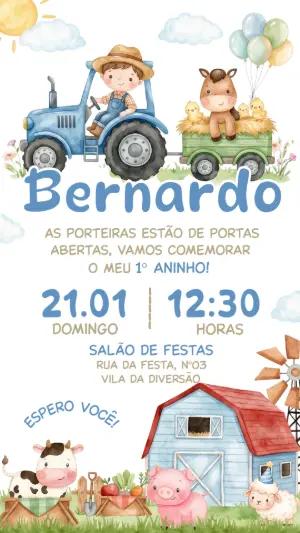 Convite de Aniversário Fazendinha Menino Aquarela Editável