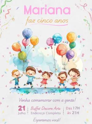 Convite de Aniversário Infantil Aquarela com Balões Editável
