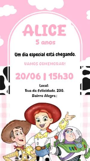 Convite de Aniversário Toy Story Rosa Editável para Menina