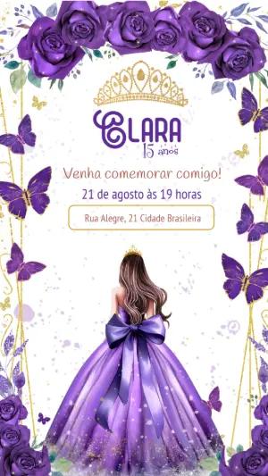 Convite de 15 Anos Princesa Lilás e Dourado para Editar Online