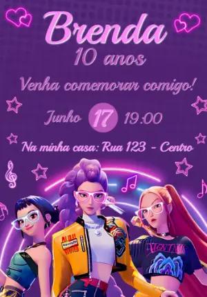 Convite de Aniversário Guerreiras do K-Pop para Editar