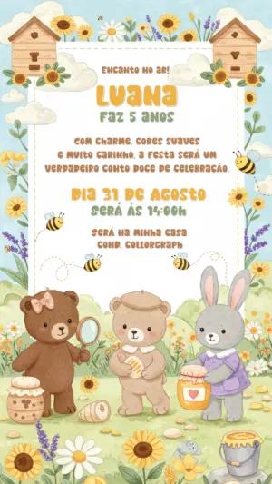 Convite Aniversário Ursinhos Fofos e Amigos para Editar Online