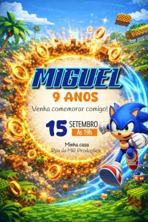 Convite de Aniversário Sonic no Mundo de Blocos para Editar