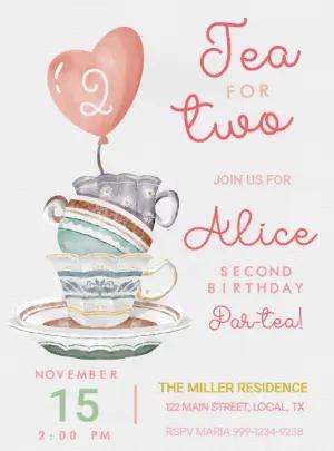 Tea for Two 2nd Birthday Invitation Editable Template