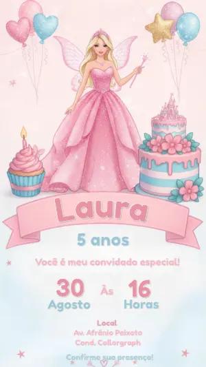 Convite de Aniversário Barbie Fada Rosa com Brilho para Editar