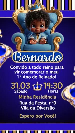 Convite Aniversário Príncipe Negro Realeza Azul Editável