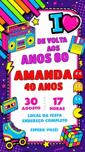 Convite de Aniversário Anos 80 Retrô Neon para Editar